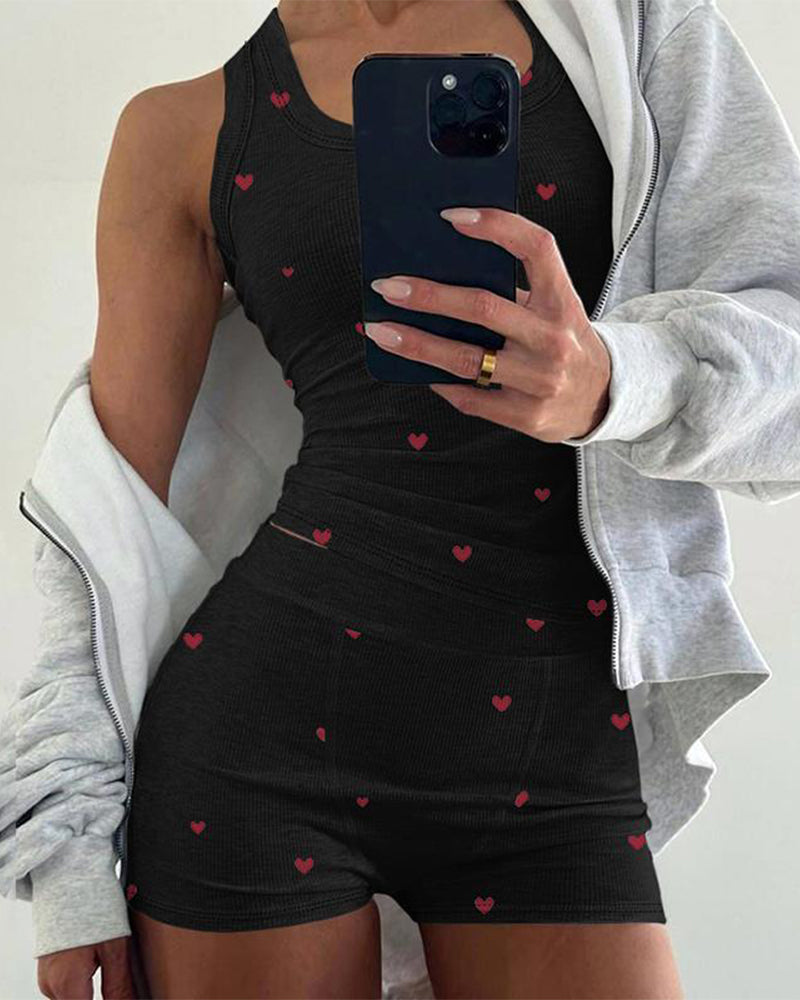Women's 2 Pieces Pajamas Set Heart Pattern U Neck Sleeveless Tank and Casual Strechy Waist Shorts Set