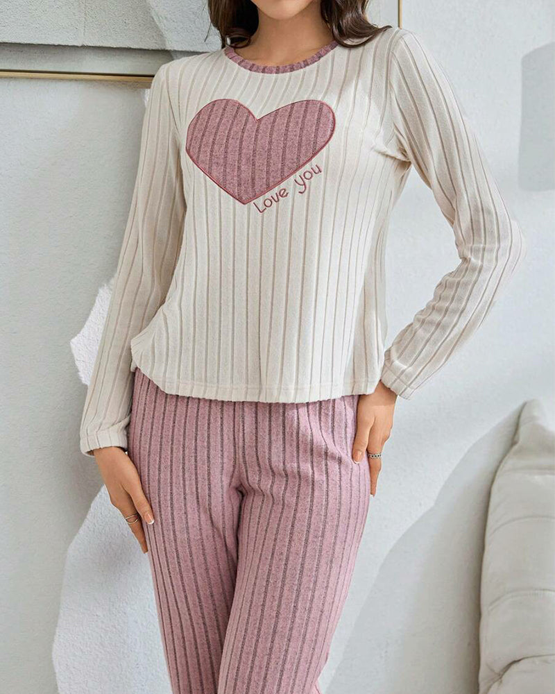 Women’s Heart Print Pajama Set – Long Sleeve Top & Pants Loungewear