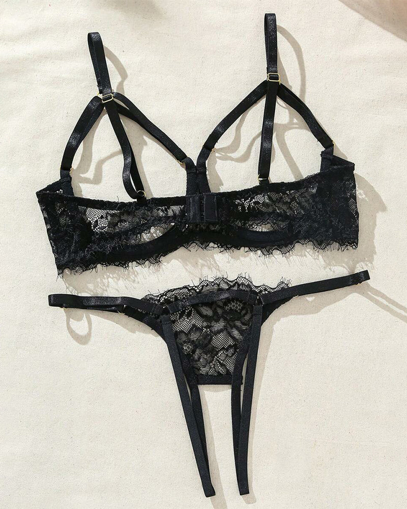 Underwire Floral Lace Sheer Lingerie Set for Women 2 Piece