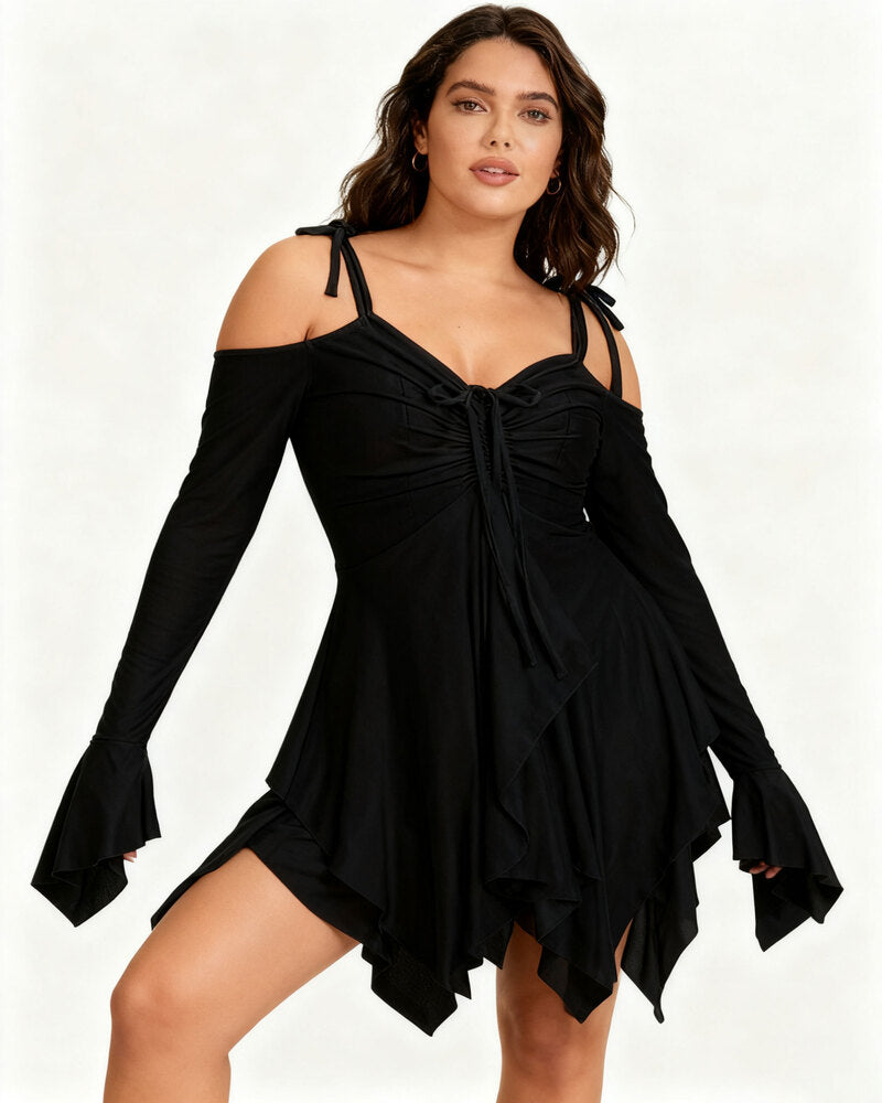Women's Halloween Plain Ruched Drawstring Cold Shoulder Dress