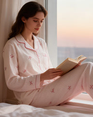 Striped Bow Print Long Sleeve Pajama Set