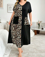 Plus Size Leopard Print V-Neck Short Sleeve Maxi Dress