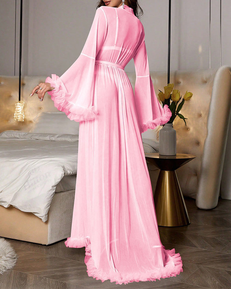 Ruffle Trim Long Sleeve Belted Sheer Mesh Wedding Bride Robe Nightgown,wedding party, Valentine's Day Gift