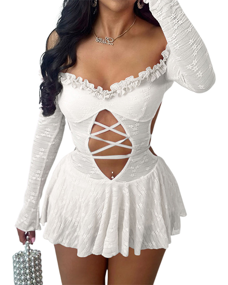 Off-shoulder pure color hollow sexy backless laced mini dress