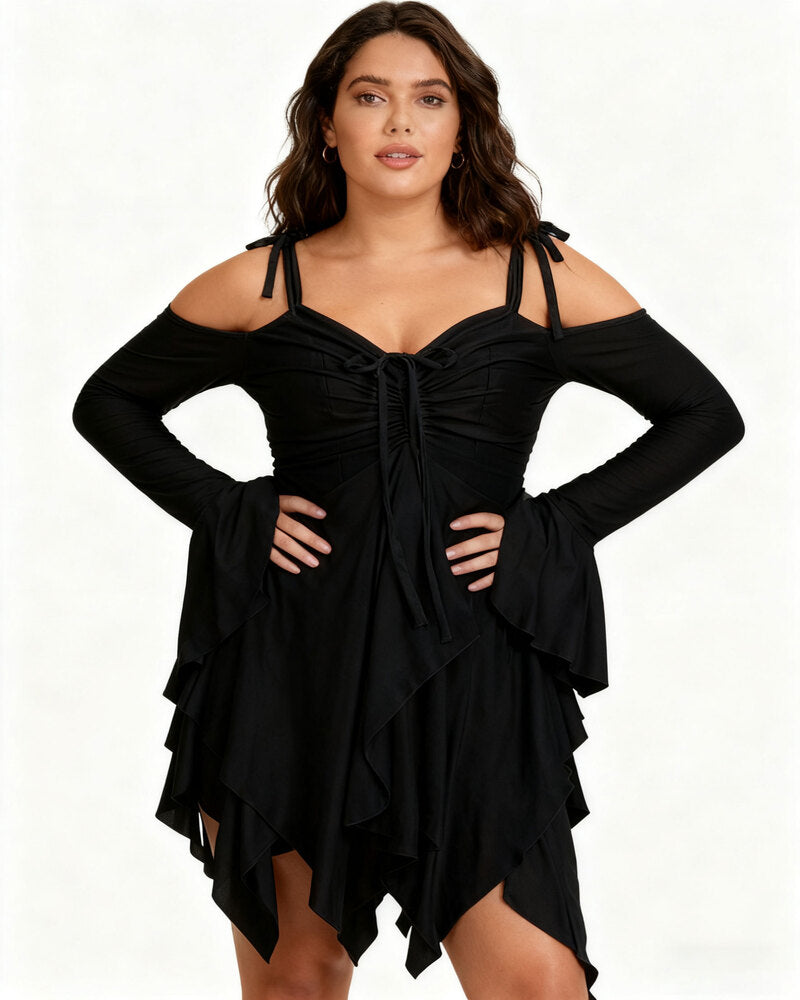 Women's Halloween Plain Ruched Drawstring Cold Shoulder Dress