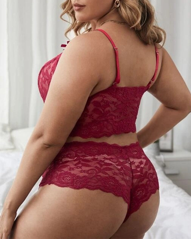 Lace Embroidery Mesh See-through Sexy Lingerie Plus Size Set
