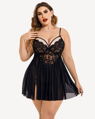 Plus Size V Neck Mesh Side Slit Babydolls