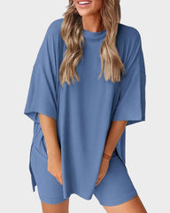 Casual Oversized 2-Piece Lounge Set – Crewneck & Split Hem
