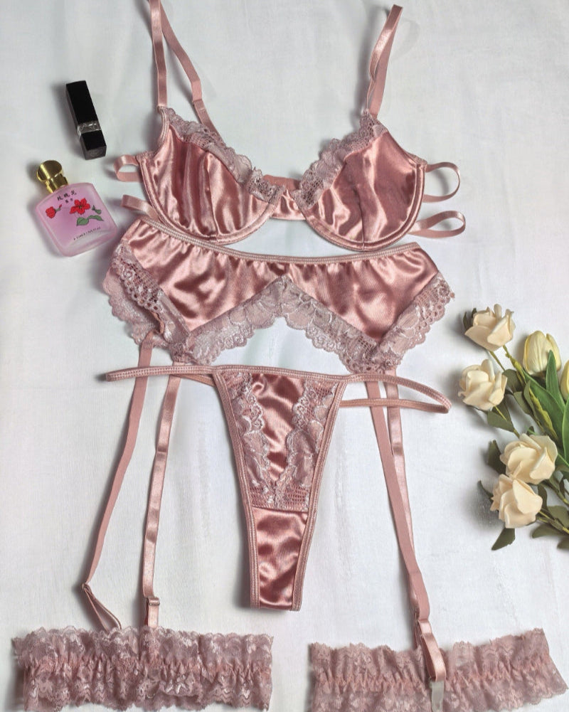 Lingerie for Women Underwire Bra and Panty Sets 5 PCS Satin Lace Lingerie Set with Garter Belts