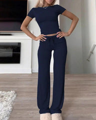 Women's Plain Shortsleeve Top & Drawstring Pants Loungewear Set
