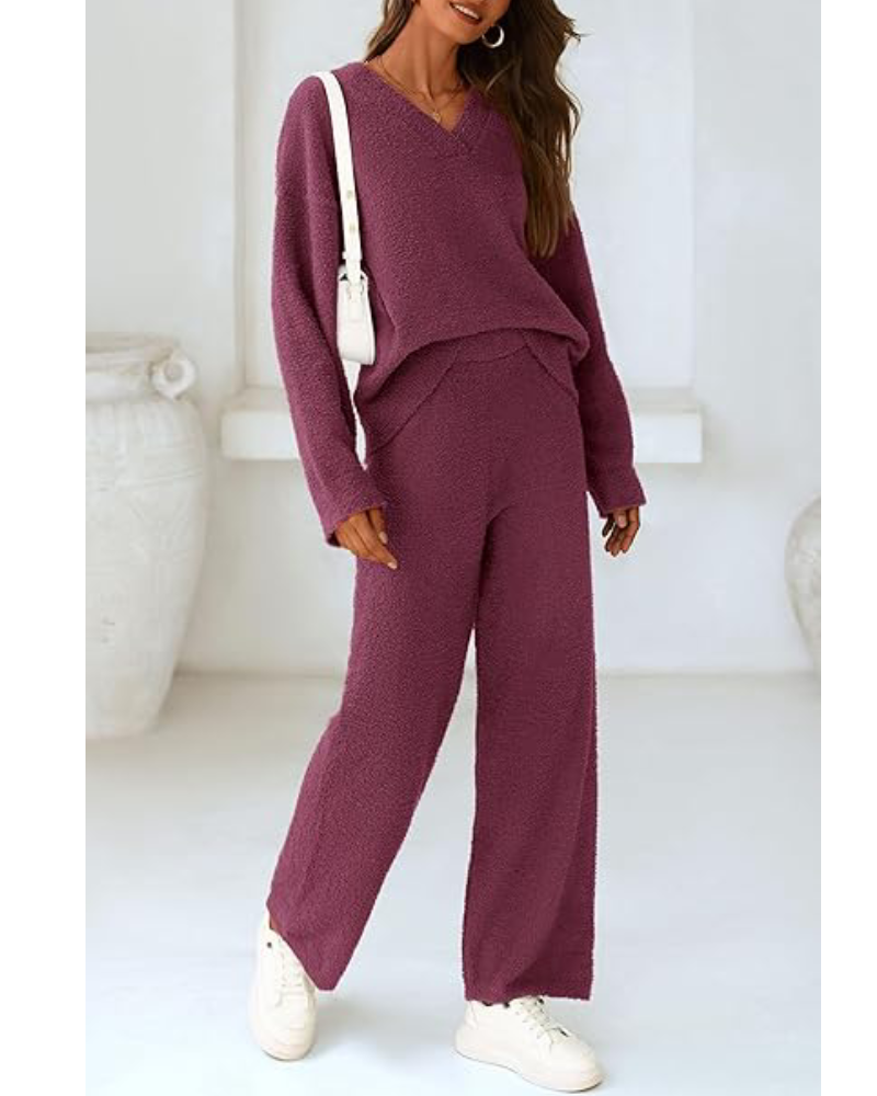 Women's 2-Piece Lounge Set Soft Chunky V Neck Tops & Wide Leg Long Pants  Pajama set