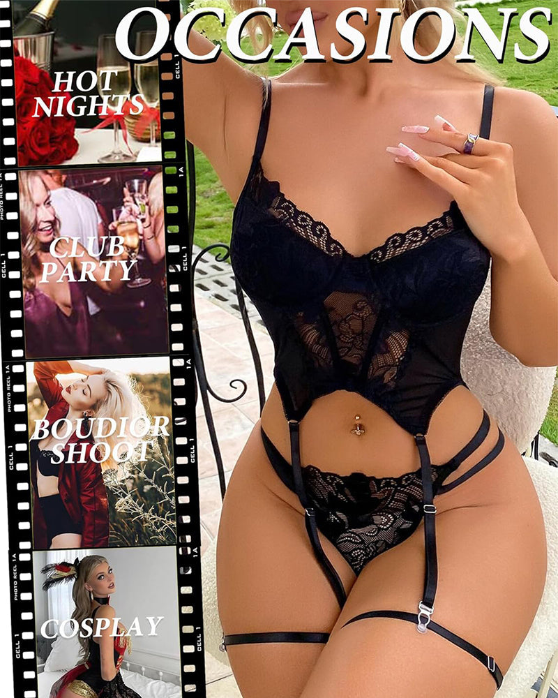 Womens Lingeries Garter Set Lace Lingerie With Underwire 2 Piece Push Up Lingerie Sets Sexy Corset Tops