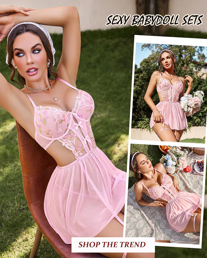 Women's Lingerie Lace Babydoll Sleepwear Underwire Chemise Mesh Nightgown Slip Nightdress