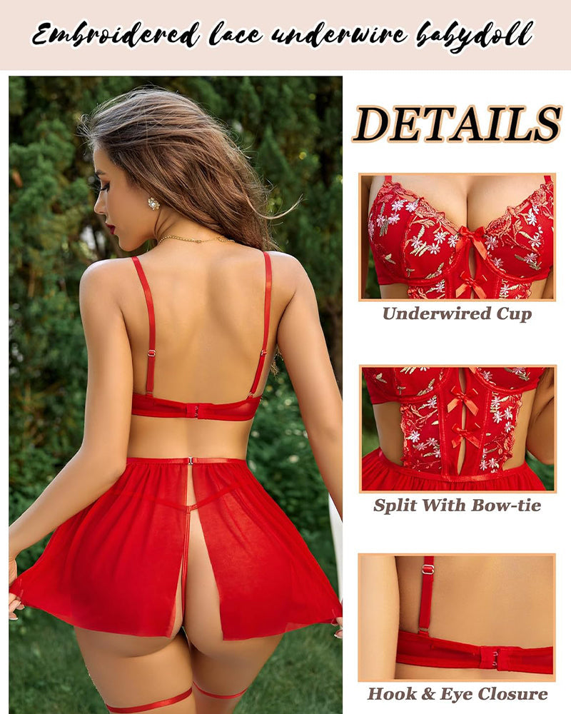 Women's Lingerie Lace Babydoll Sleepwear Underwire Chemise Mesh Nightgown Slip Nightdress