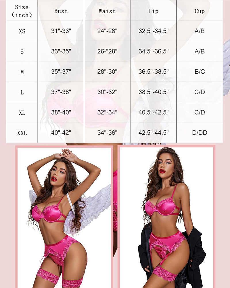 Lingerie for Women Underwire Bra and Panty Sets 5 PCS Satin Lace Lingerie Set with Garter Belts