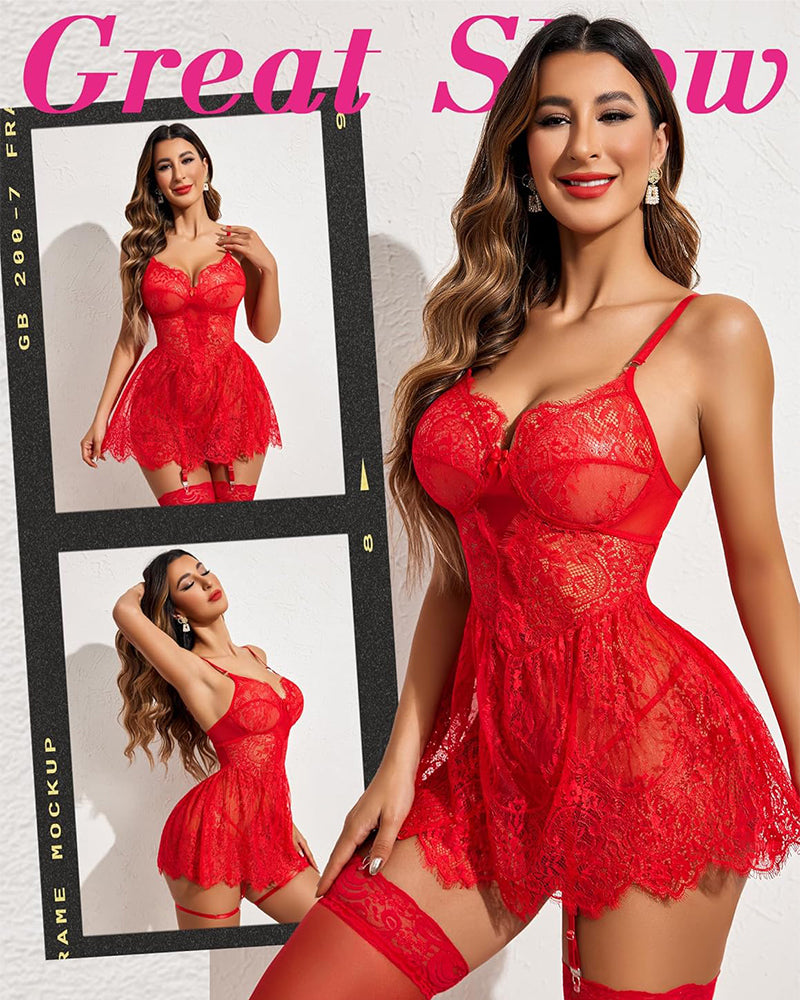 Sexy Lingerie for Women Eyelash Lace Baby Doll Dress Slip nightgown