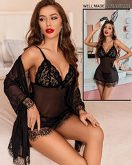 Lingerie Sets for Women Sexy 3 Piece Mesh Kimono Robe with Lace Babydoll Dress