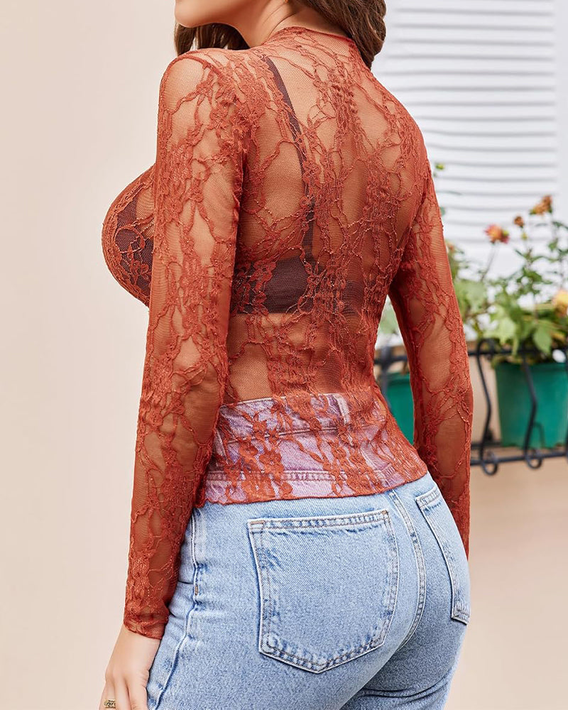 Women's Mesh Top Long Sleeve Mock Neck Sheer Blouse See Through Floral Lace Tops