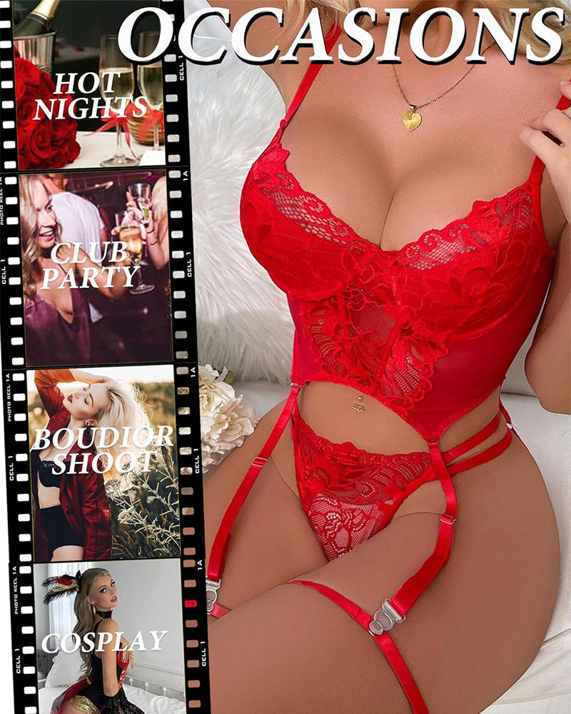 Womens Lingeries Garter Set Lace Lingerie With Underwire 2 Piece Push Up Lingerie Sets Sexy Corset Tops