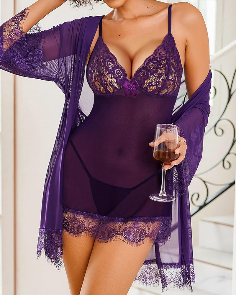 Lingerie Sets for Women Sexy 3 Piece Mesh Kimono Robe with Lace Babydoll Dress