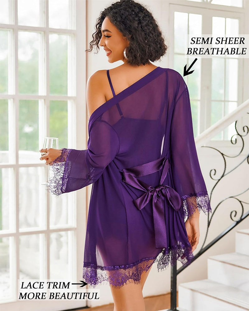 Lingerie Sets for Women Sexy 3 Piece Mesh Kimono Robe with Lace Babydoll Dress