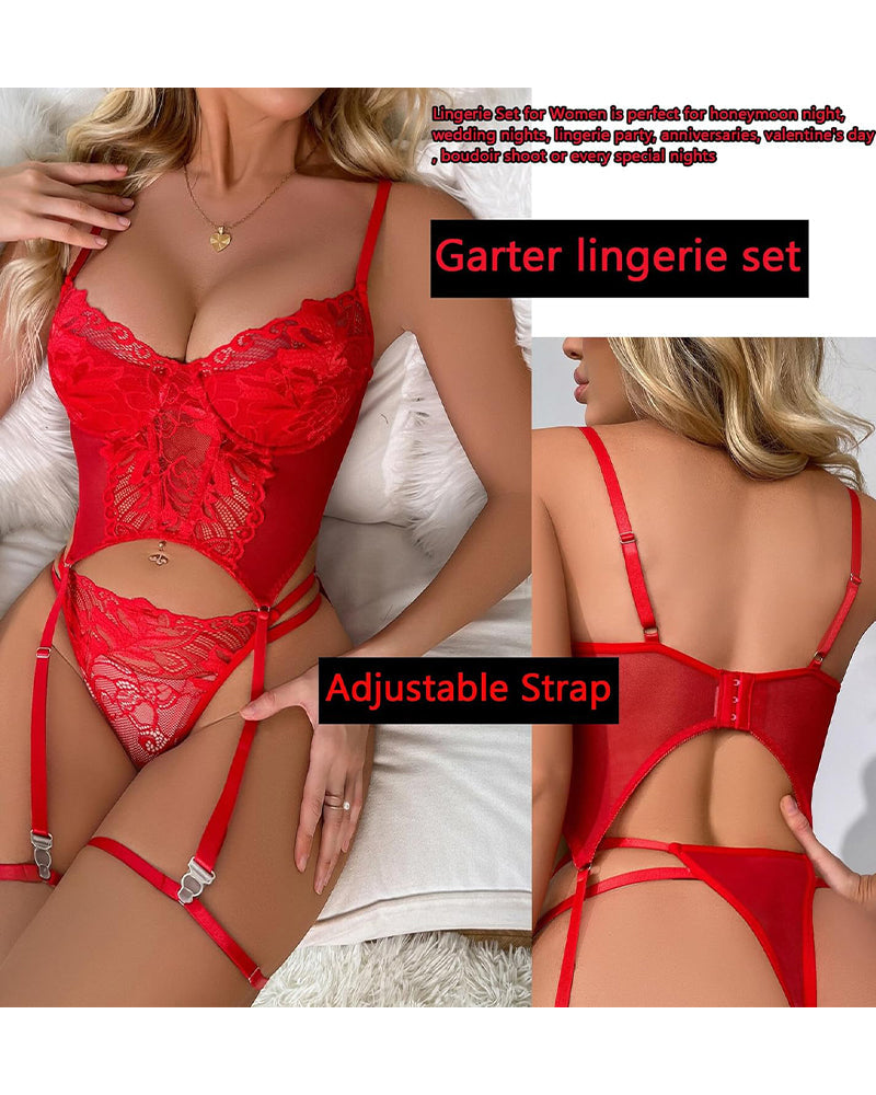 Womens Lingeries Garter Set Lace Lingerie With Underwire 2 Piece Push Up Lingerie Sets Sexy Corset Tops