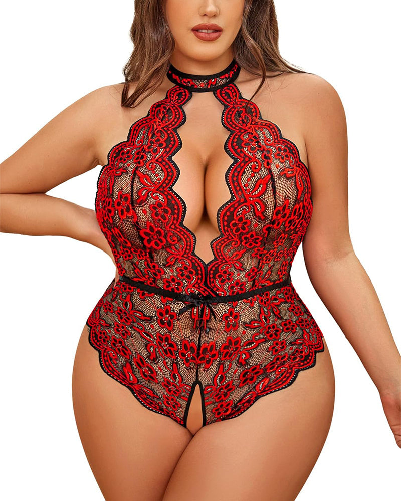Plus Size Lingerie for Women Lace Bodysuit Halter Teddy Crotchless Nightgown