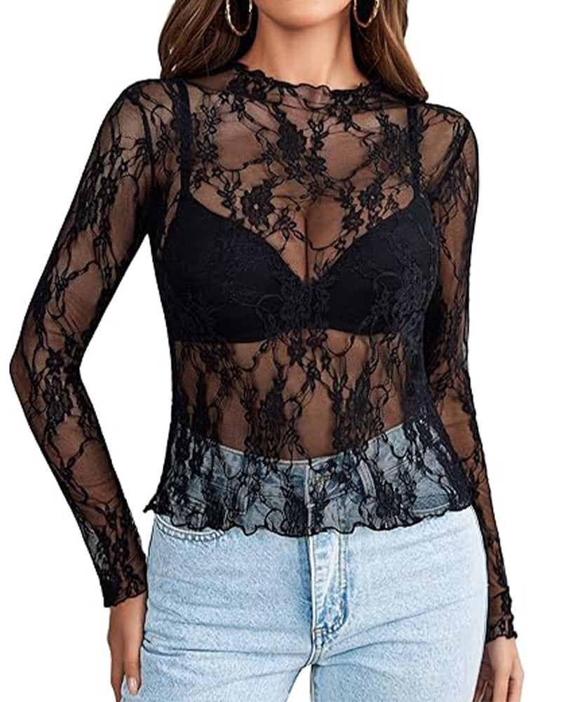 Women's Mesh Top Long Sleeve Mock Neck Sheer Blouse See Through Floral Lace Tops