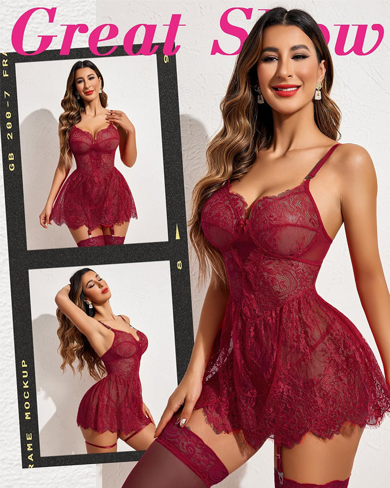 Sexy Lingerie for Women Eyelash Lace Baby Doll Dress Slip nightgown