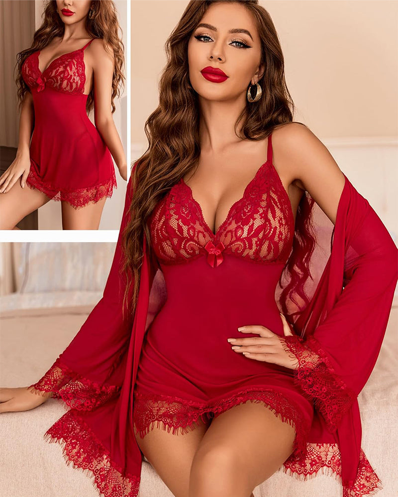 Lingerie Sets for Women Sexy 3 Piece Mesh Kimono Robe with Lace Babydoll Dress