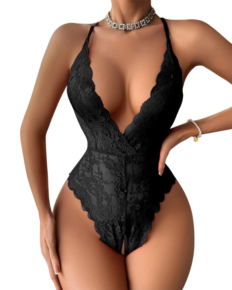 Valentine day Women's Heart Rhinestone Decor Criss Cross Backless Sexy Lace Bodysuit