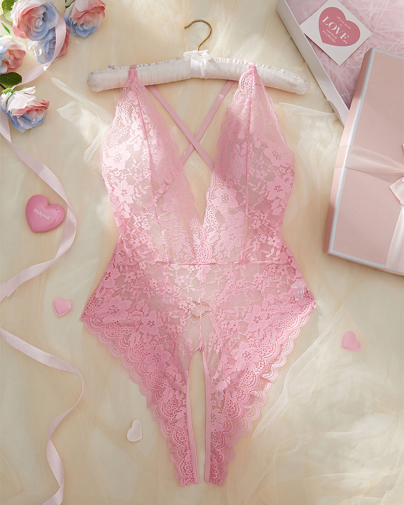 Valentine day Women's Heart Rhinestone Decor Criss Cross Backless Sexy Lace Bodysuit
