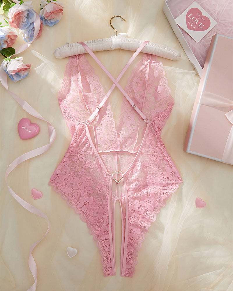 Valentine day Women's Heart Rhinestone Decor Criss Cross Backless Sexy Lace Bodysuit
