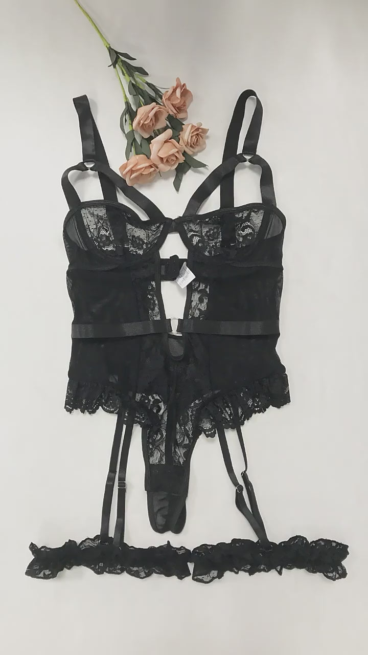 Women's Contrast Lace Cut Out Ring Linked Sexy Lingerie