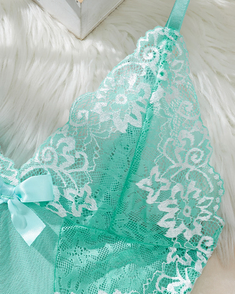 Sexy V Neck Sheer Lace Nightgown with G-String